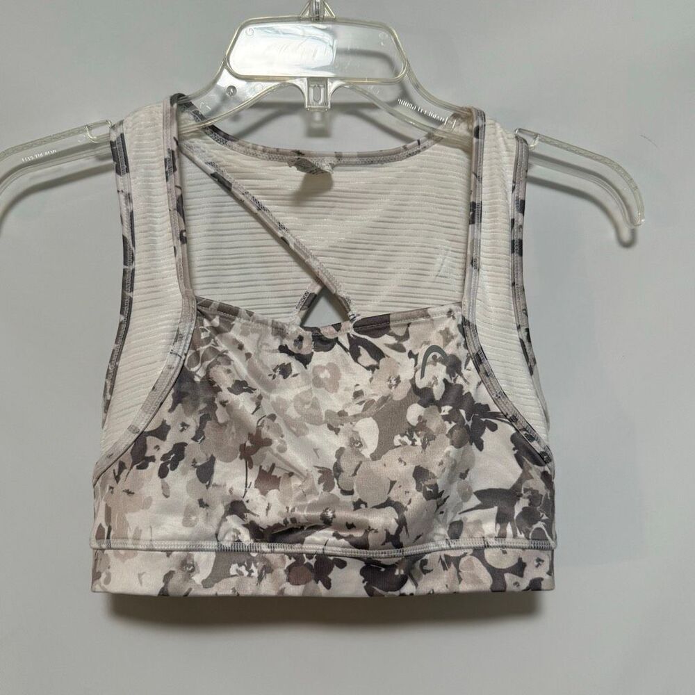 Head sports bra high-neck crisscross strap accents keyhole back black gray white